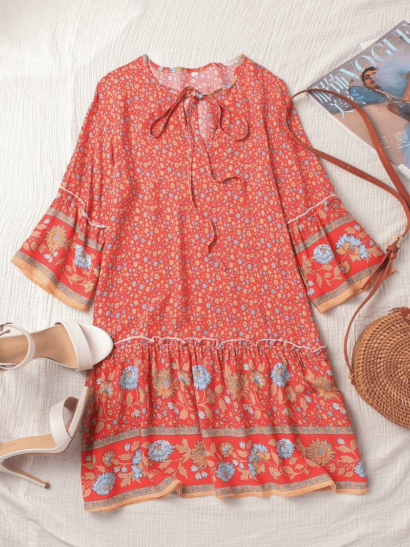 Bohemian Blomstrete Med Trykk V-hals Sommer Beach Mini Dress