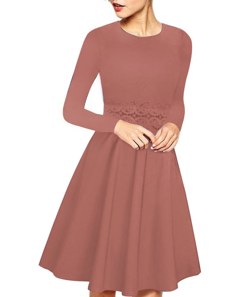 Dame Elegant Langermet Lace Patchwork Midi A Line Kjole