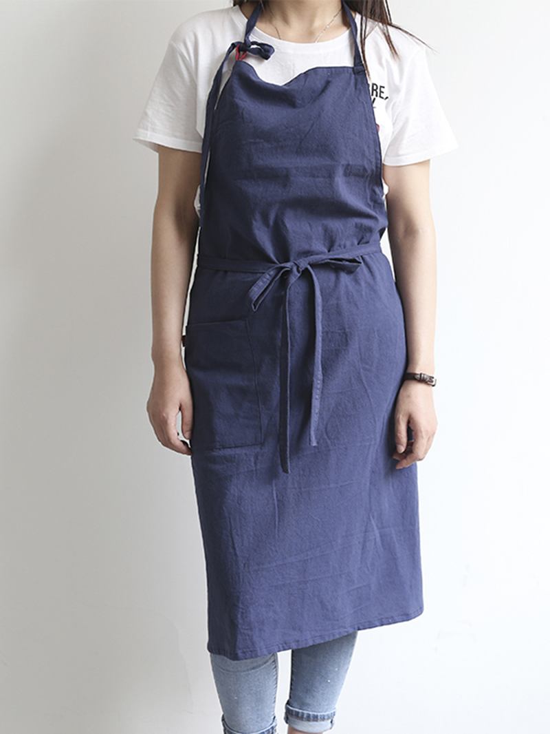 Japansk Ensfarget Lin Bomull Vintage Pinafore Kjole