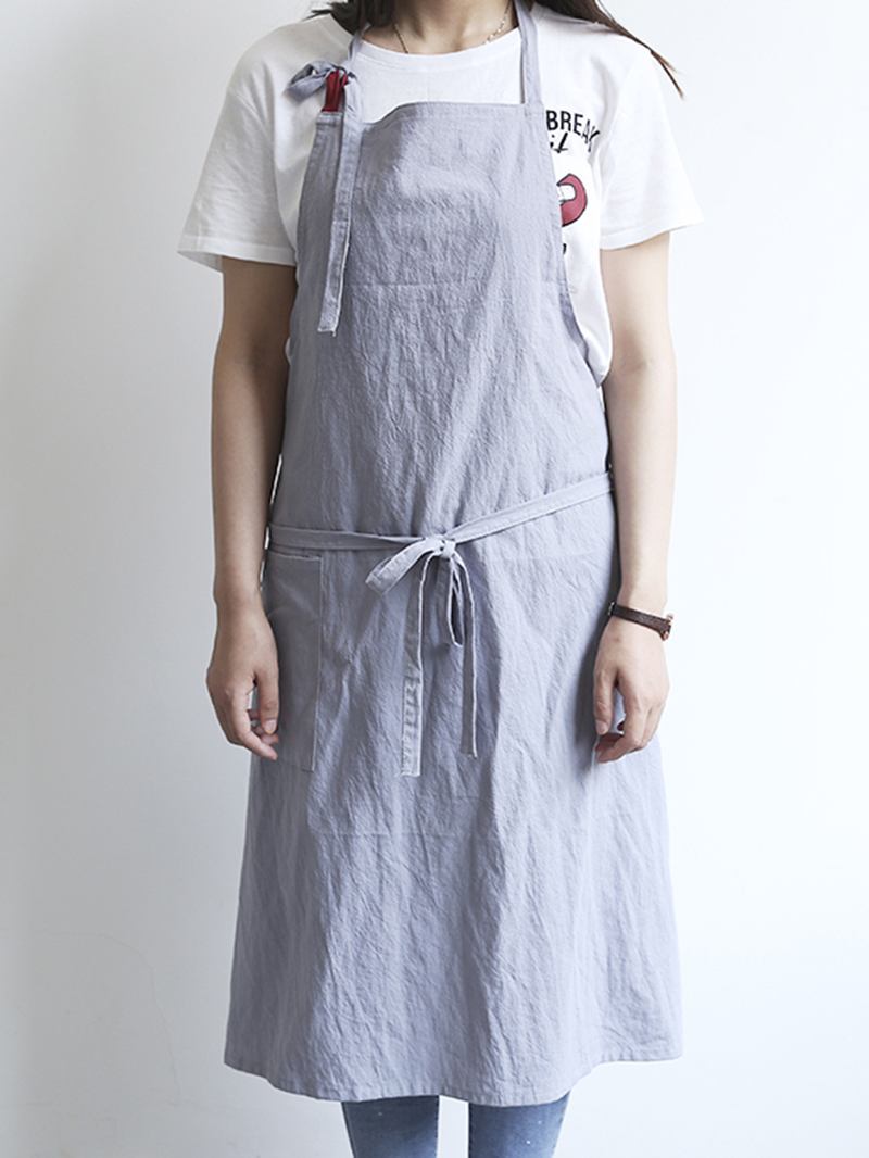 Japansk Ensfarget Lin Bomull Vintage Pinafore Kjole