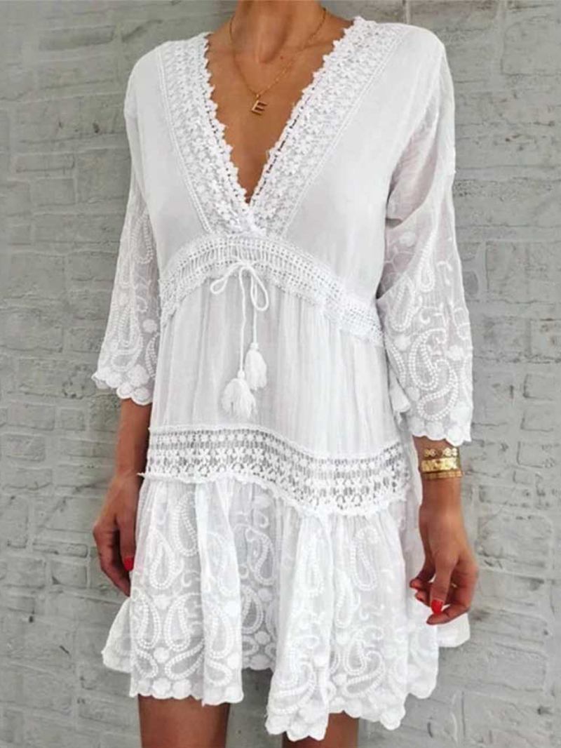 Kvinner Blomstrete Med Trykk Plunge Tie Front 3/4 Sleeve Lace Mini Kjoler