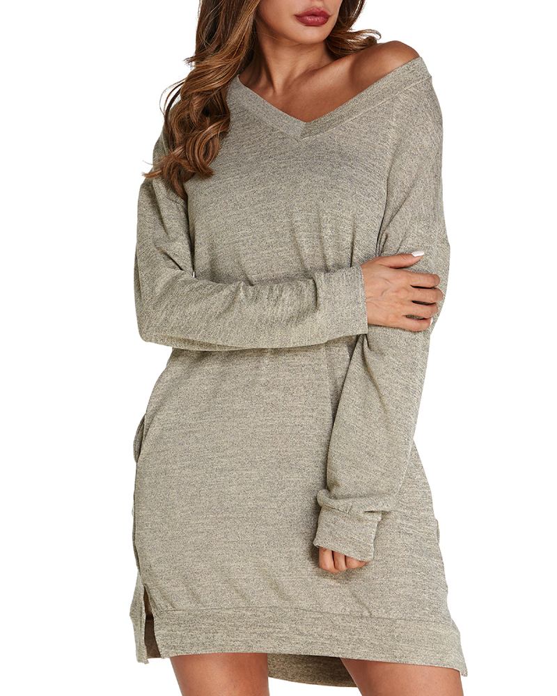 Kvinner Langermet Side Splitt Løs Fritids Pullover Sweatshirt Kjole Med Lommer