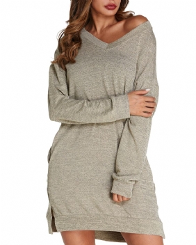 Kvinner Langermet Side Splitt Løs Fritids Pullover Sweatshirt Kjole Med Lommer