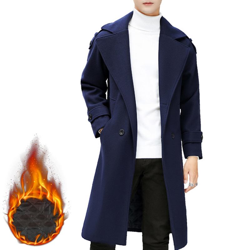 Herre Slim Mid Long Dobbel Breasted Tykk Varm Stilig Trench Coat Ulloverfrakk