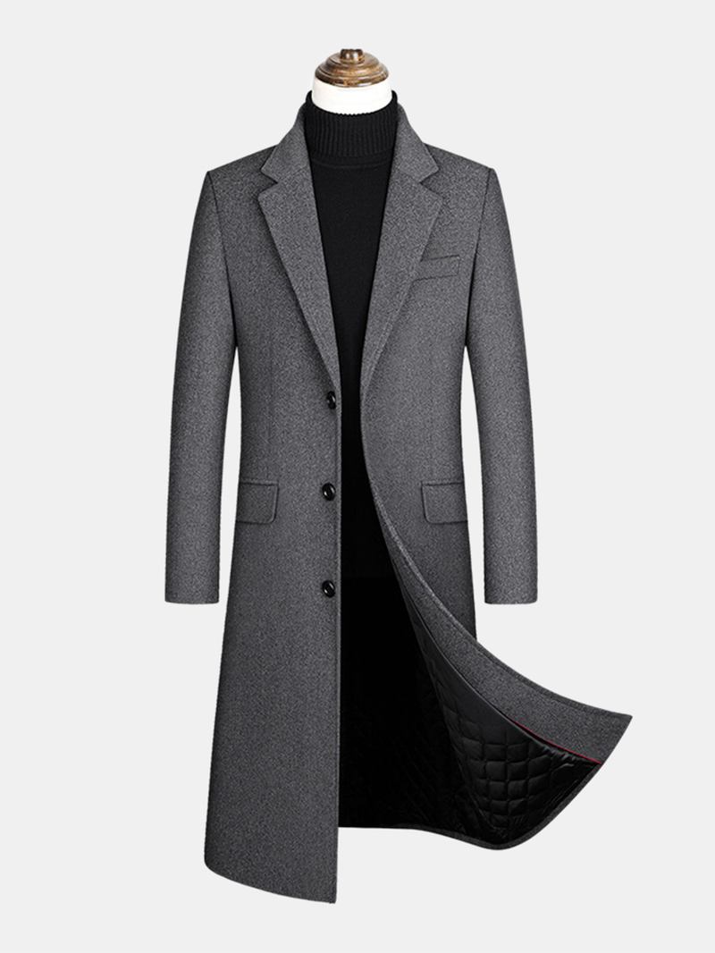 Herre Ull Enkelt-breasted Flat Krage Fritids Lange Trench Coats Med Klaff Lomme