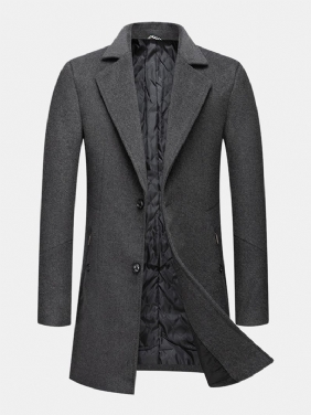 Herre Ull Enkelt-breasted Jakkeslag Lomme Mellomlang Varme Trench Coats