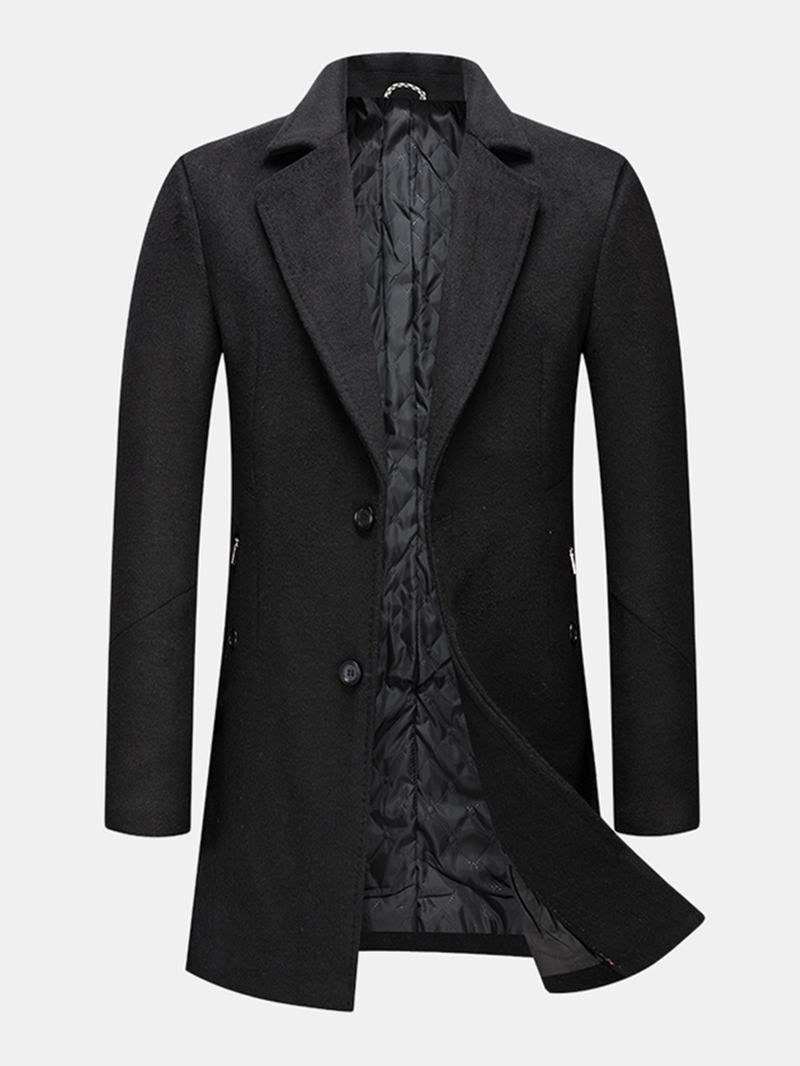 Herre Ull Enkelt-breasted Jakkeslag Lomme Mellomlang Varme Trench Coats