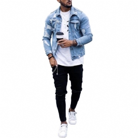 Lapel Herre Denim Jacket Ripped Irregular Washed Jacket