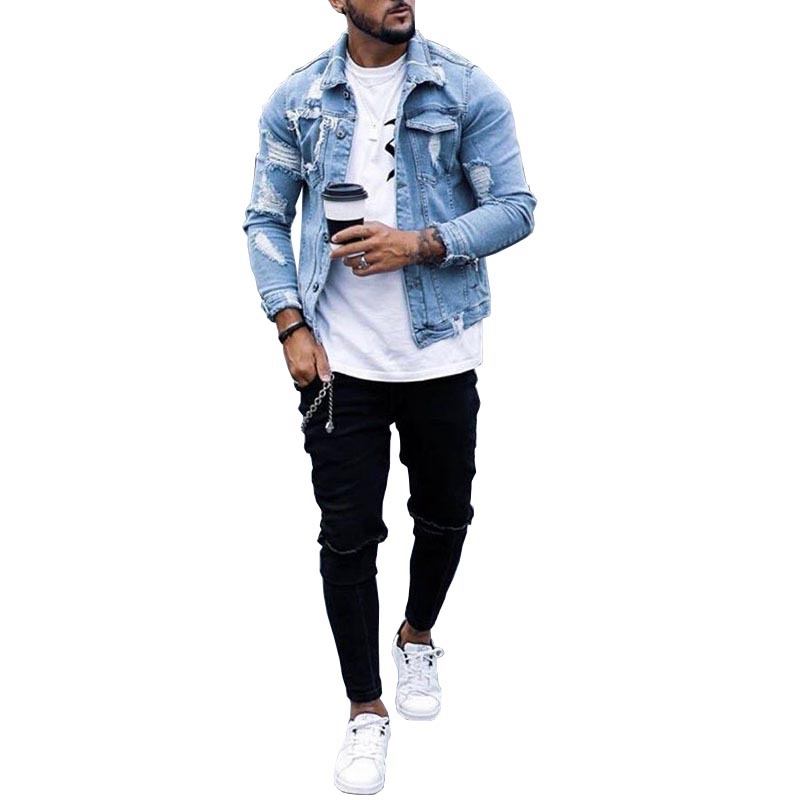 Lapel Herre Denim Jacket Ripped Irregular Washed Jacket