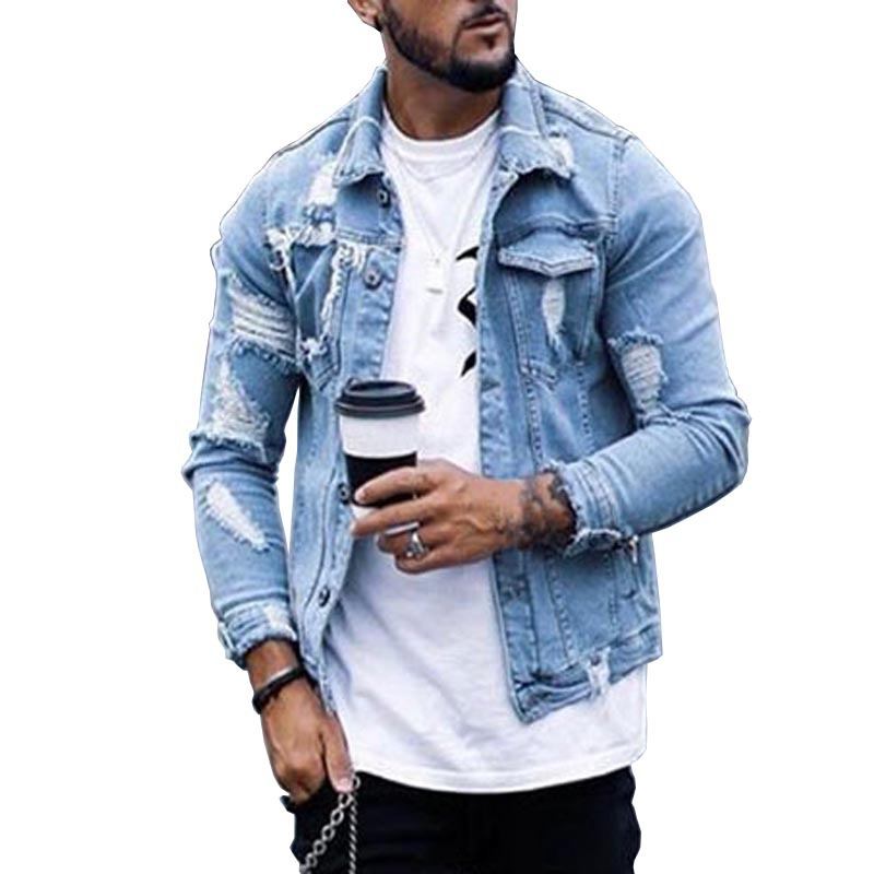 Lapel Herre Denim Jacket Ripped Irregular Washed Jacket