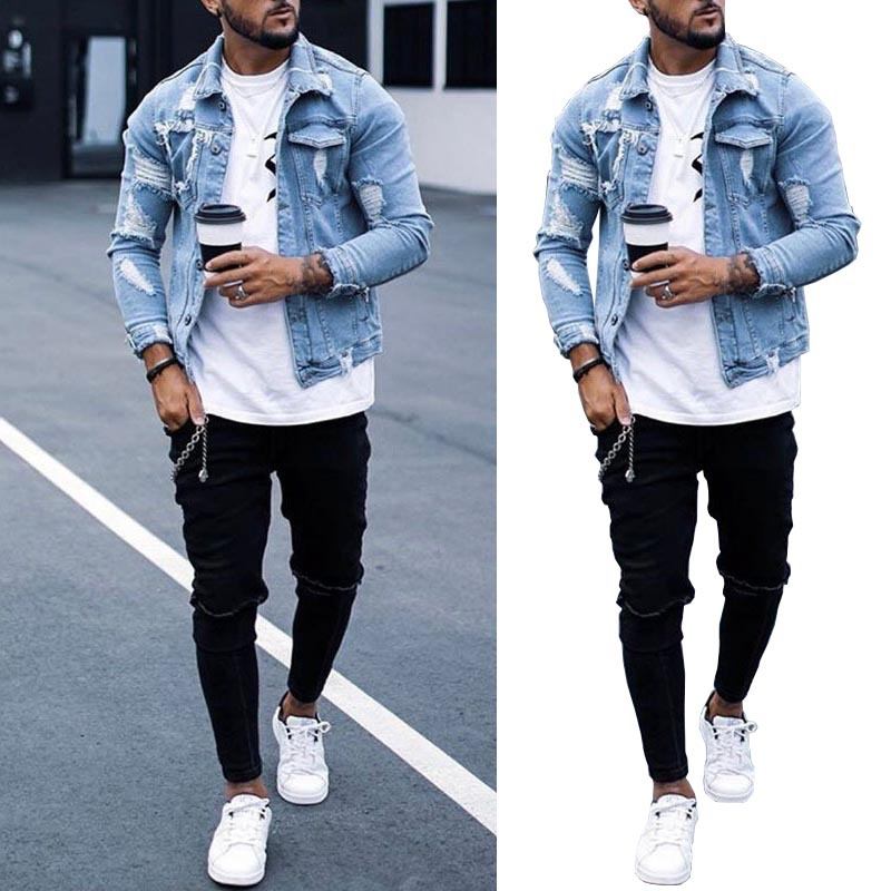 Lapel Herre Denim Jacket Ripped Irregular Washed Jacket