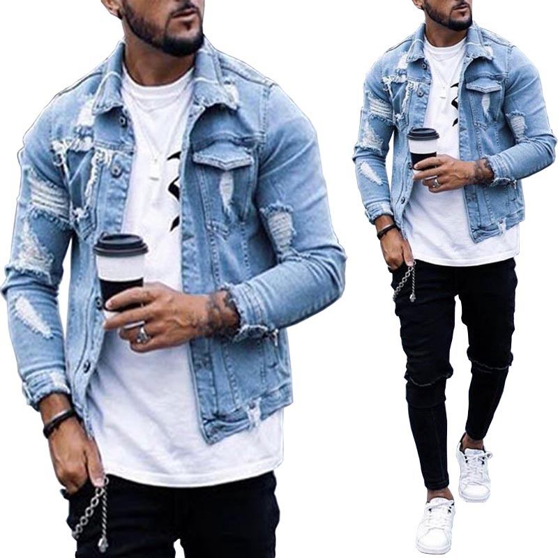 Lapel Herre Denim Jacket Ripped Irregular Washed Jacket