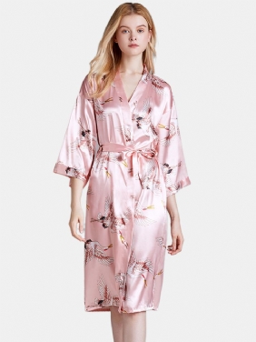 Plus Size Crane Med Trykk Half Sleeve Longline Kimono Robe Nattøy