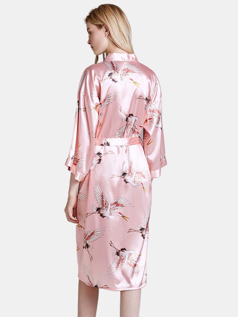 Plus Size Crane Med Trykk Half Sleeve Longline Kimono Robe Nattøy