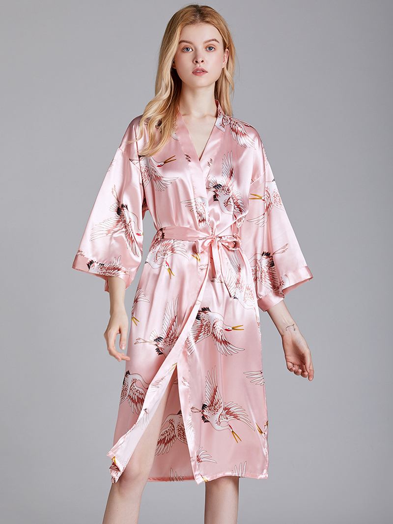 Plus Size Crane Med Trykk Half Sleeve Longline Kimono Robe Nattøy