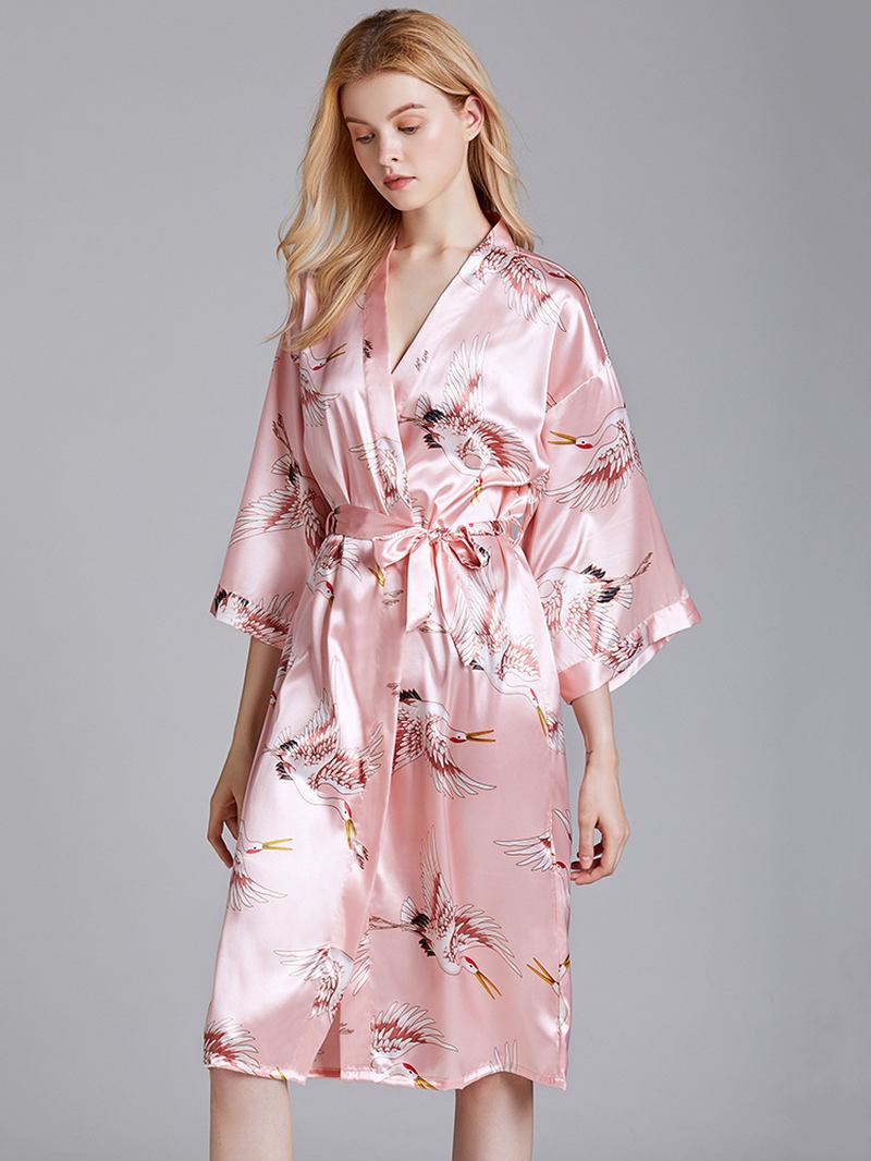 Plus Size Crane Med Trykk Half Sleeve Longline Kimono Robe Nattøy