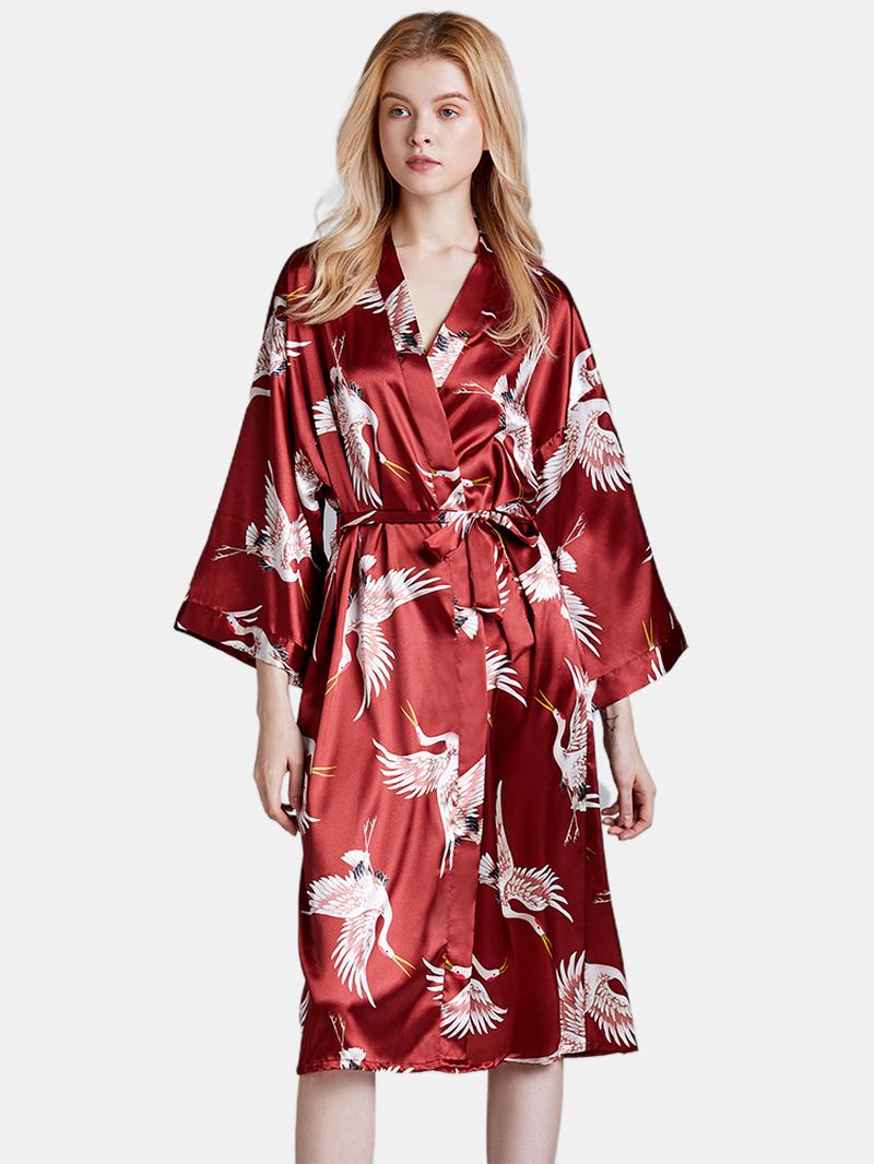 Plus Size Crane Med Trykk Half Sleeve Longline Kimono Robe Nattøy