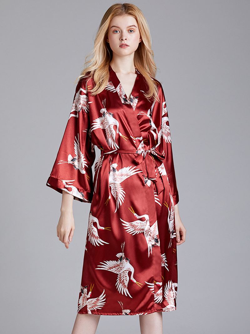 Plus Size Crane Med Trykk Half Sleeve Longline Kimono Robe Nattøy