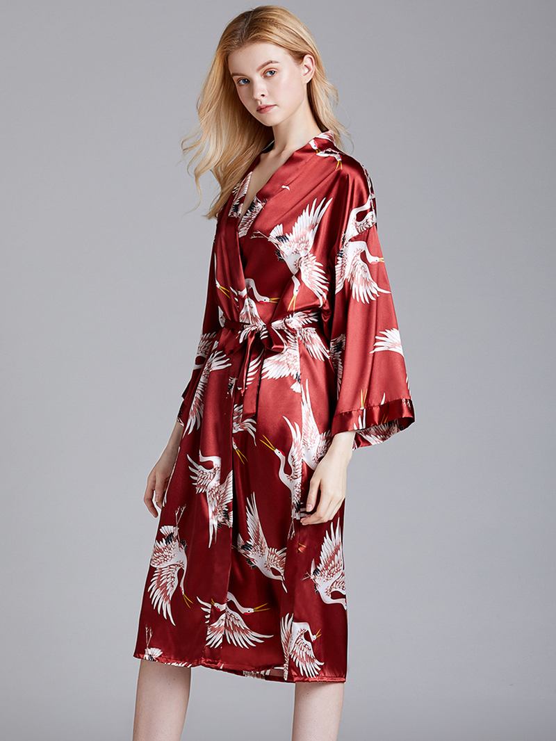 Plus Size Crane Med Trykk Half Sleeve Longline Kimono Robe Nattøy