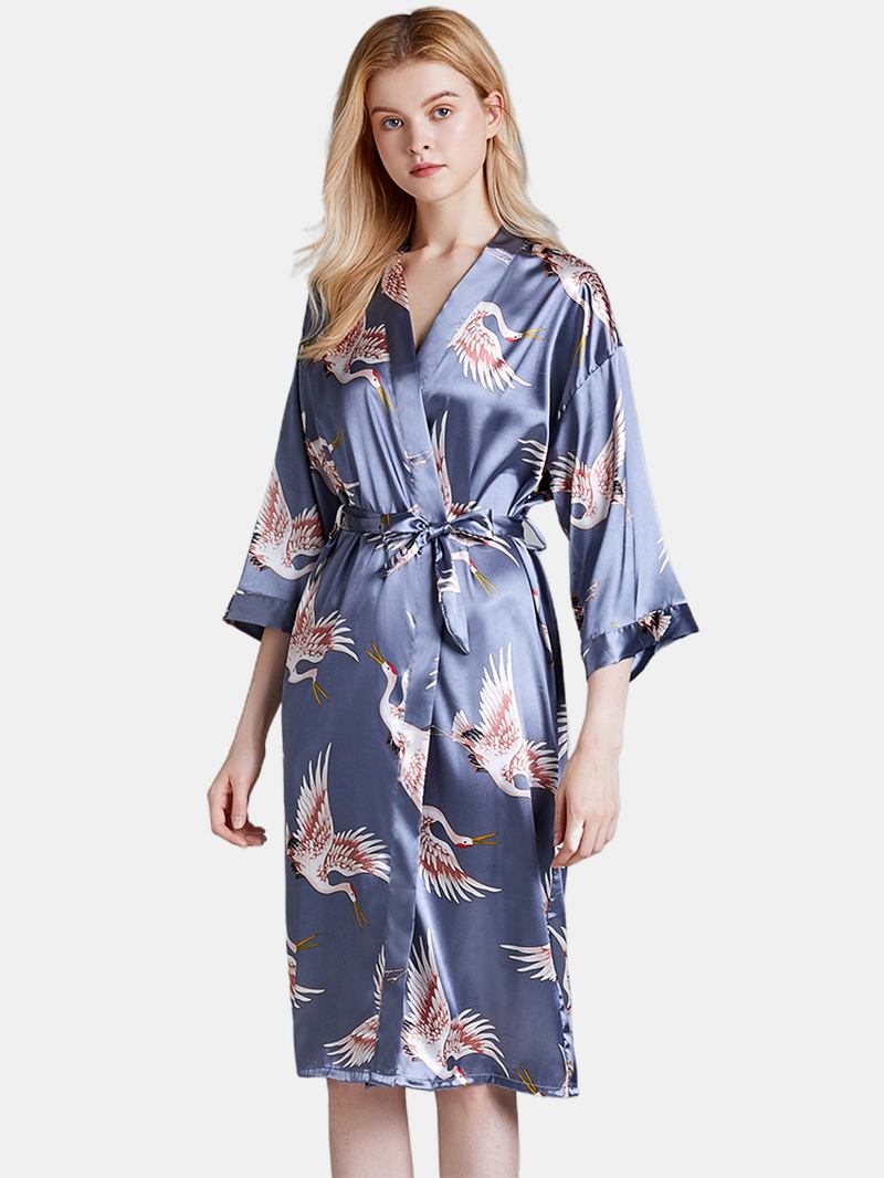 Plus Size Crane Med Trykk Half Sleeve Longline Kimono Robe Nattøy