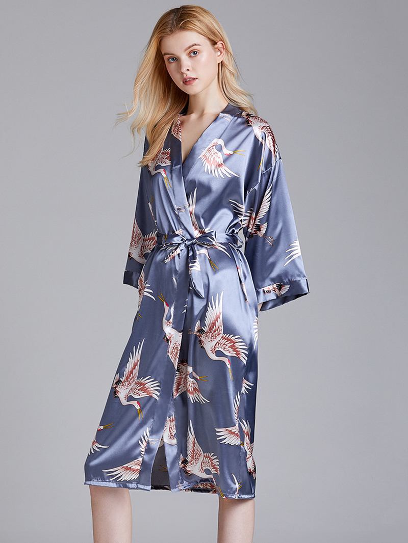 Plus Size Crane Med Trykk Half Sleeve Longline Kimono Robe Nattøy