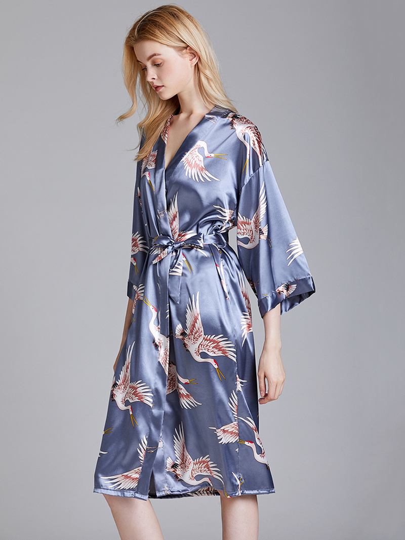 Plus Size Crane Med Trykk Half Sleeve Longline Kimono Robe Nattøy