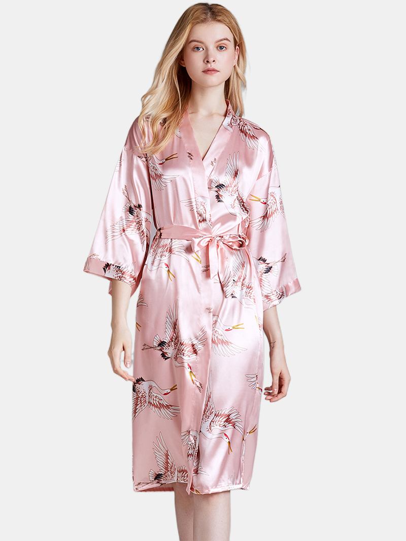 Plus Size Crane Med Trykk Half Sleeve Longline Kimono Robe Nattøy