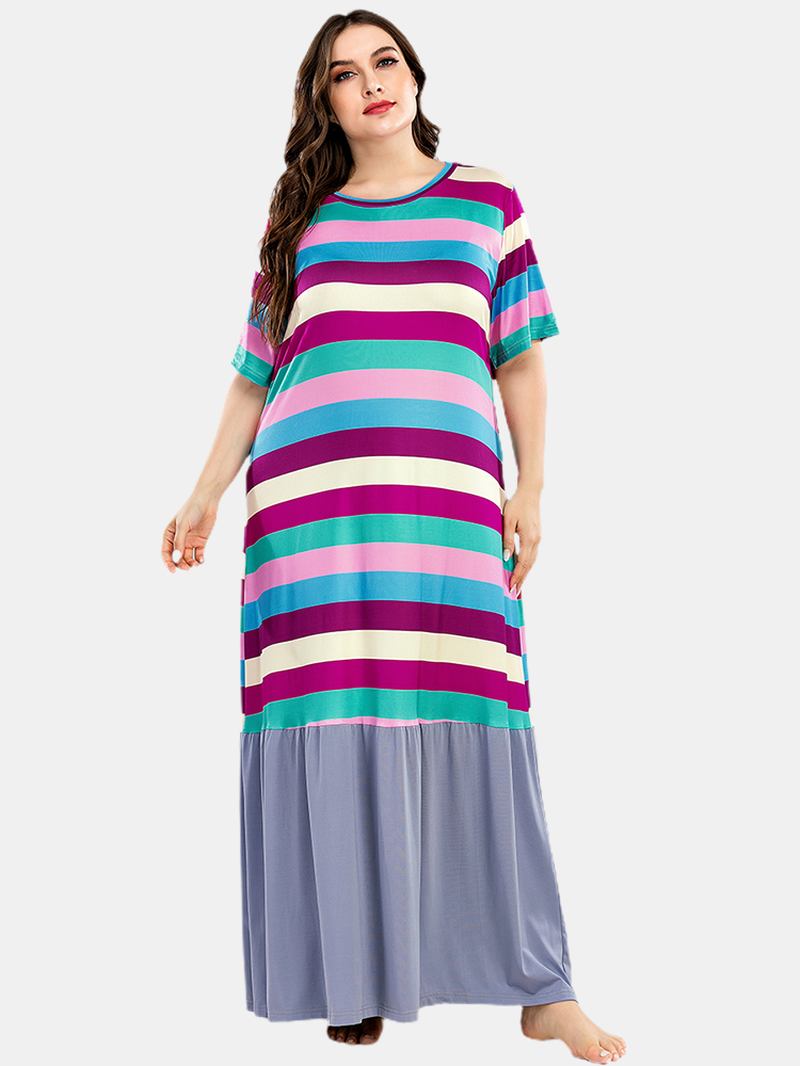 Plus Size Kvinner Fargerike Stripe Patchwork Kortermet Hjem Uformelle Nattkjoler