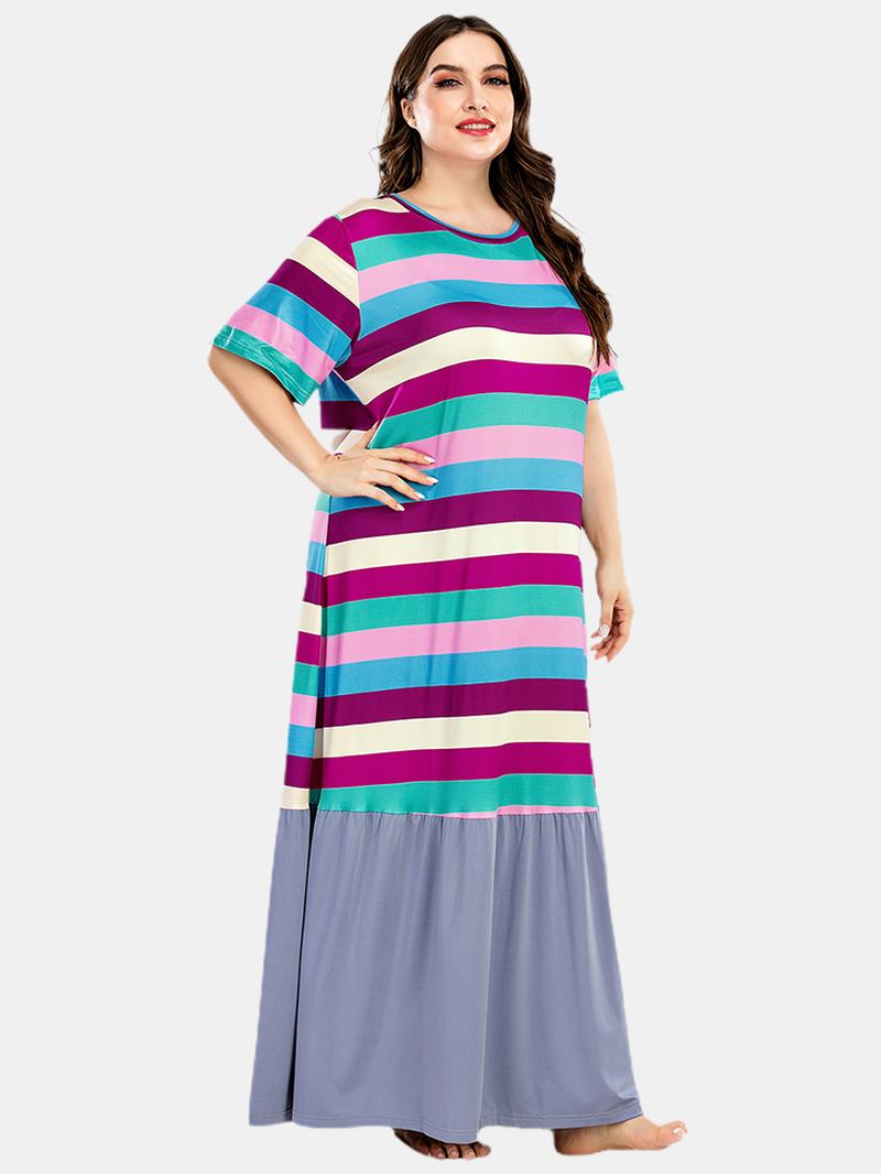 Plus Size Kvinner Fargerike Stripe Patchwork Kortermet Hjem Uformelle Nattkjoler