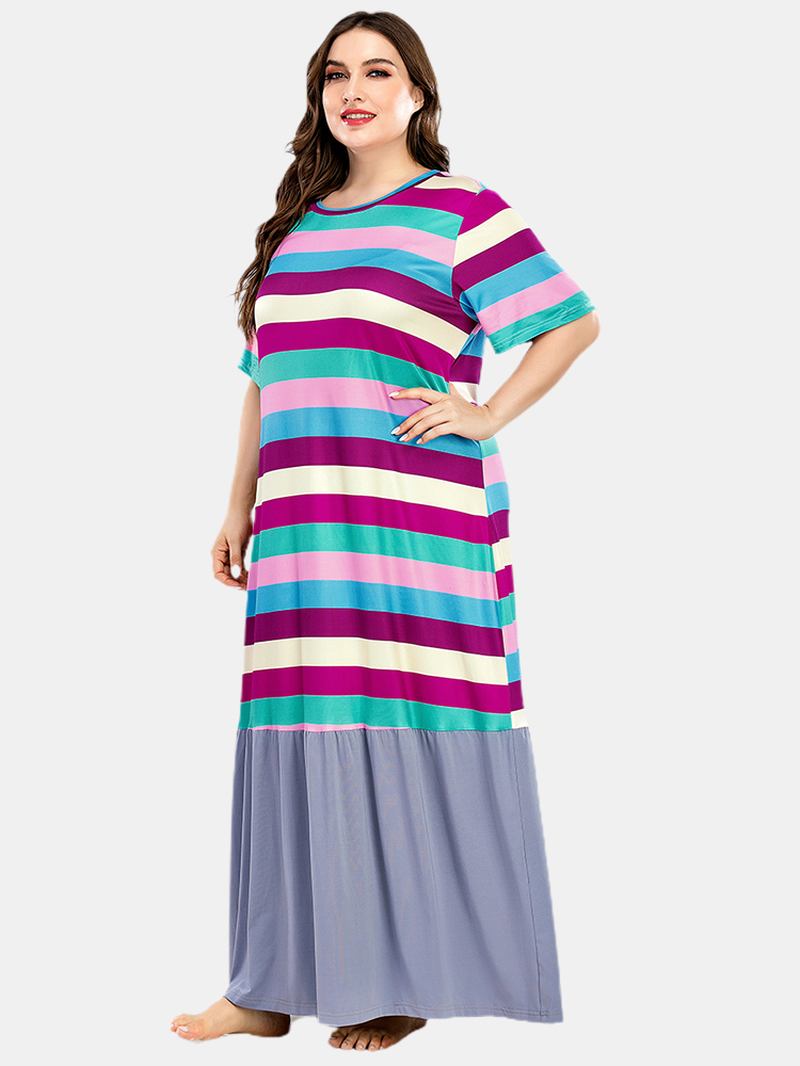 Plus Size Kvinner Fargerike Stripe Patchwork Kortermet Hjem Uformelle Nattkjoler