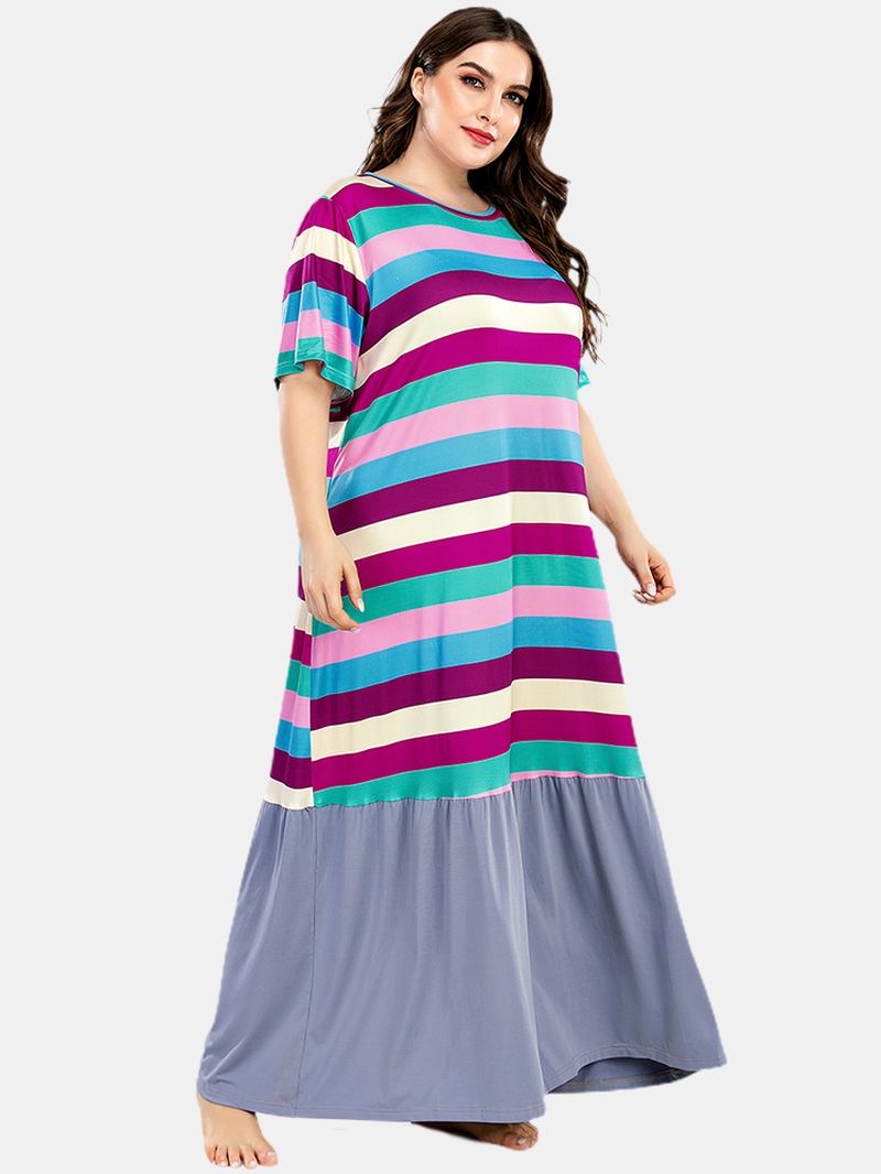 Plus Size Kvinner Fargerike Stripe Patchwork Kortermet Hjem Uformelle Nattkjoler