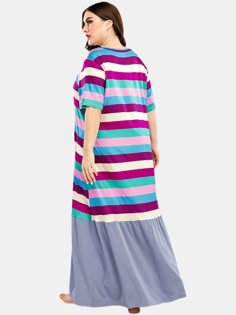 Plus Size Kvinner Fargerike Stripe Patchwork Kortermet Hjem Uformelle Nattkjoler