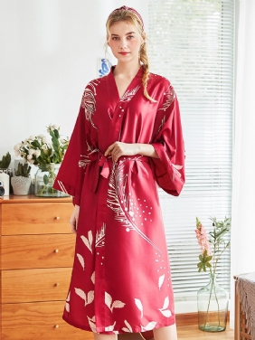 Rød Langermet Blomstrete Brude Silke Kimono Nattkjole Robes