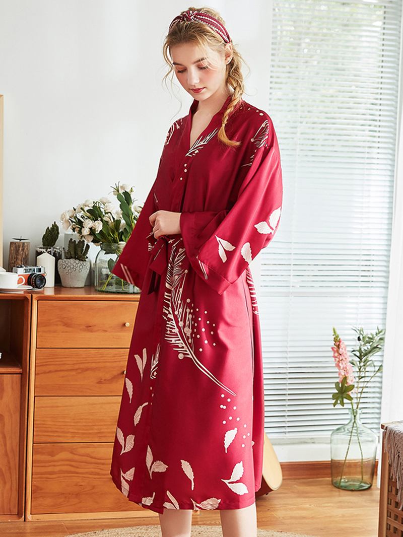 Rød Langermet Blomstrete Brude Silke Kimono Nattkjole Robes