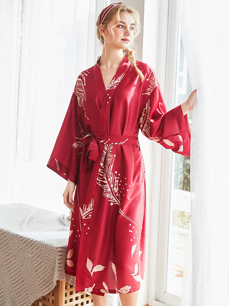 Rød Langermet Blomstrete Brude Silke Kimono Nattkjole Robes