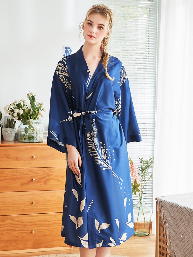 Rød Langermet Blomstrete Brude Silke Kimono Nattkjole Robes