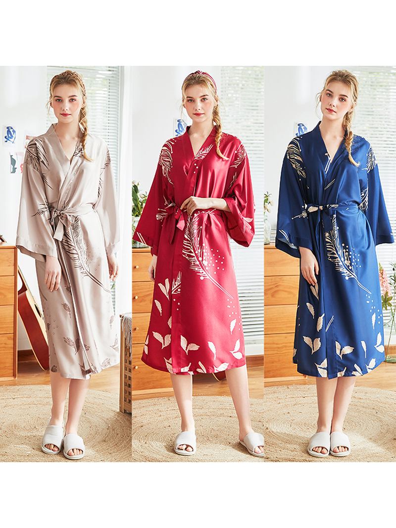 Rød Langermet Blomstrete Brude Silke Kimono Nattkjole Robes