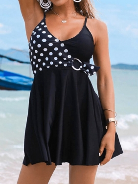 Geometrisk Polka Dot Patchwork Ring Trim Beach Swimdress