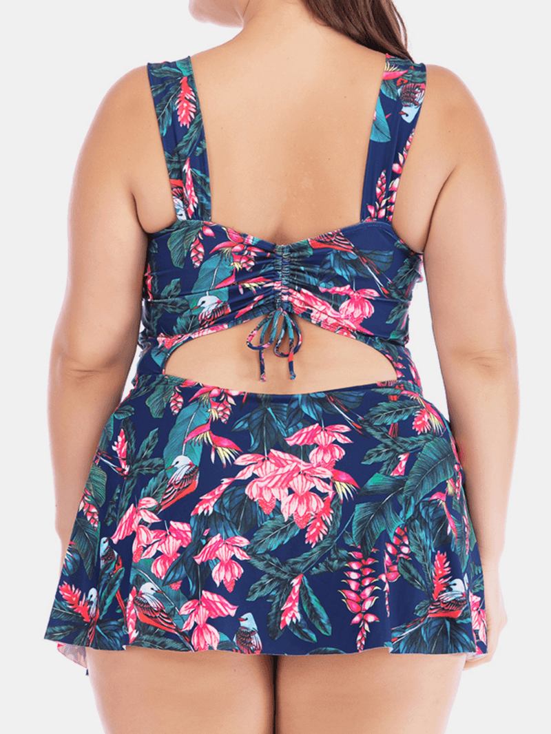 Plus Size Brede Stropper Snøring Dekke Magen Blomstrete Med Trykk Swimdress