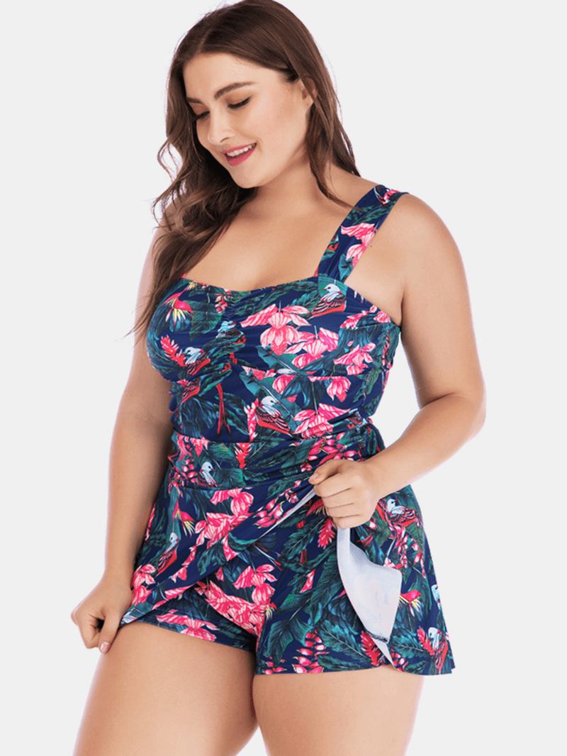 Plus Size Brede Stropper Snøring Dekke Magen Blomstrete Med Trykk Swimdress