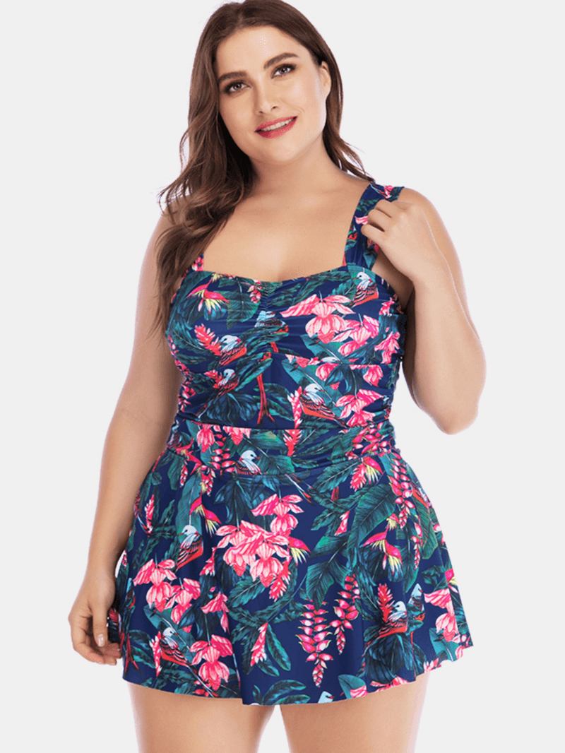 Plus Size Brede Stropper Snøring Dekke Magen Blomstrete Med Trykk Swimdress