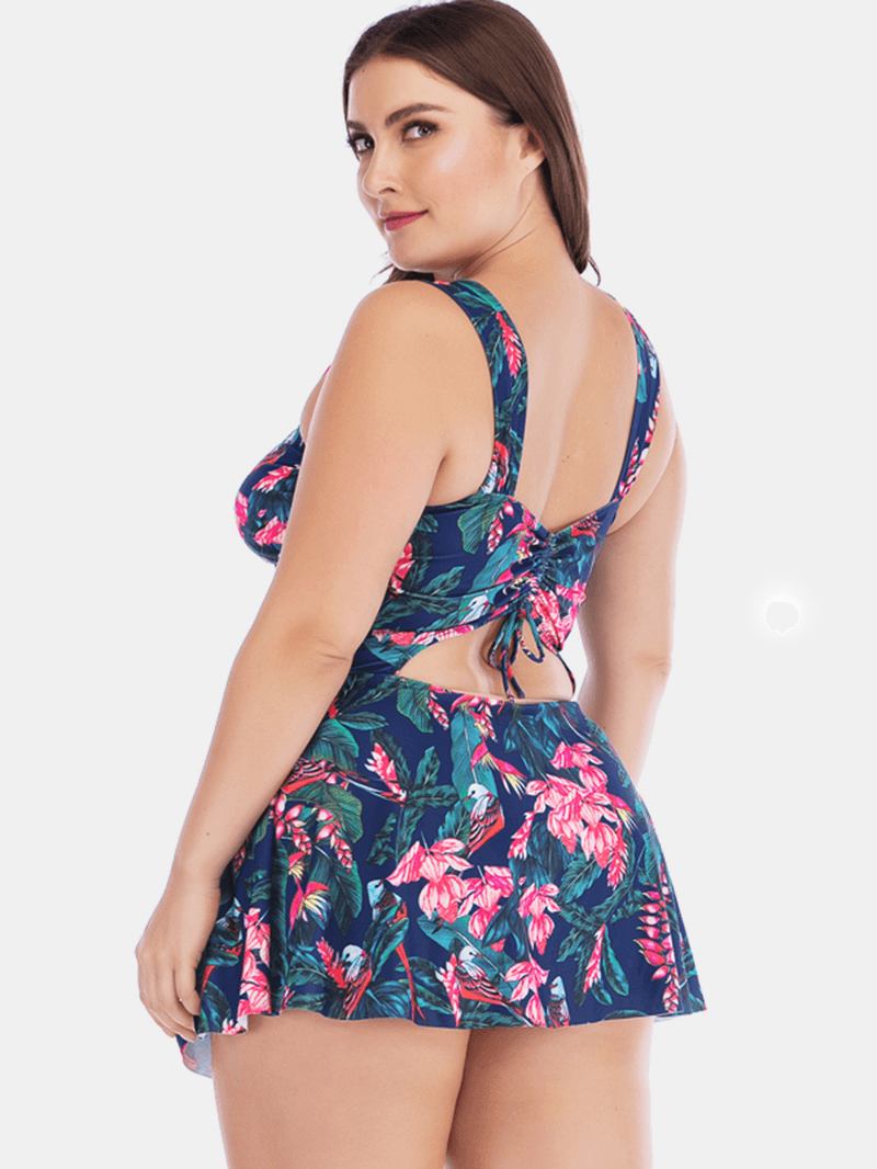 Plus Size Brede Stropper Snøring Dekke Magen Blomstrete Med Trykk Swimdress