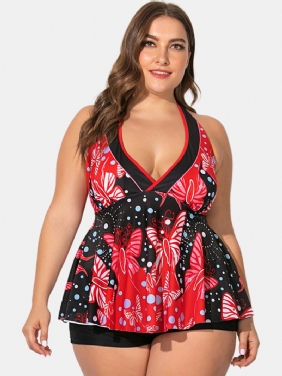 Plus Size Dame Badedrakt Halter String Blomstrete Med Trykk V-hals Backless Swimdress