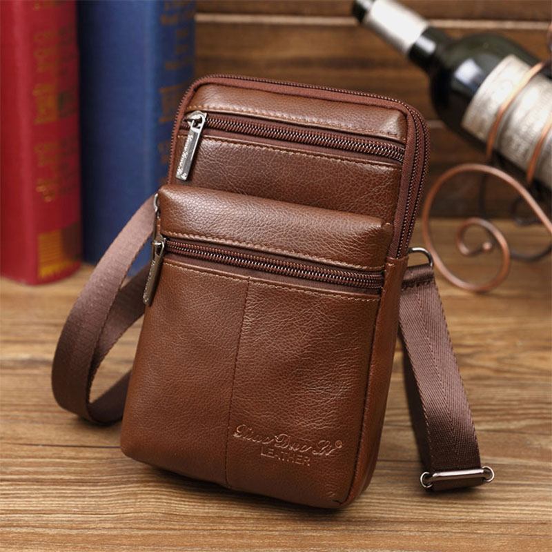 Herre Ekte Skinn Mini Multifunksjonell Messenger 7-tommers Telefonveske Midjeveske Crossbody-veske