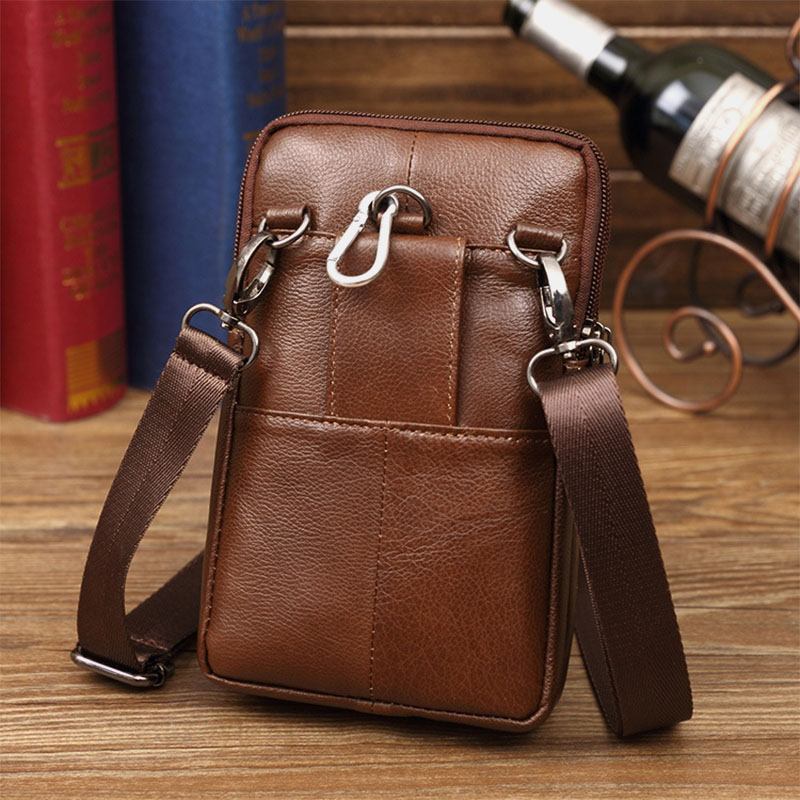 Herre Ekte Skinn Mini Multifunksjonell Messenger 7-tommers Telefonveske Midjeveske Crossbody-veske