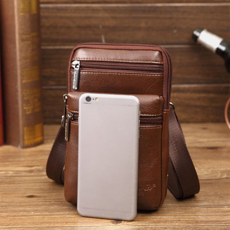 Herre Ekte Skinn Mini Multifunksjonell Messenger 7-tommers Telefonveske Midjeveske Crossbody-veske