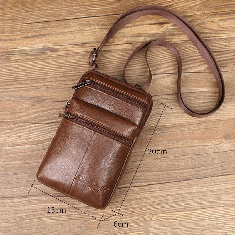 Herre Ekte Skinn Mini Multifunksjonell Messenger 7-tommers Telefonveske Midjeveske Crossbody-veske