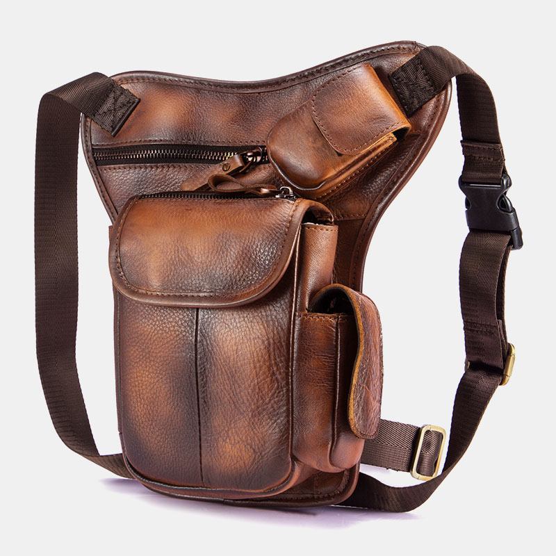 Menn Ekte Skinn Multi-carry Retro 7-tommers Telefonkamera Utendørs Midjeveske Crossbody-veske