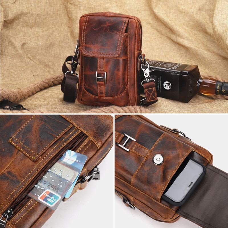 Menn Ekte Skinn Multifunksjon Lett Crossbody Veske Multi-pocket Belteveske Telefonveske