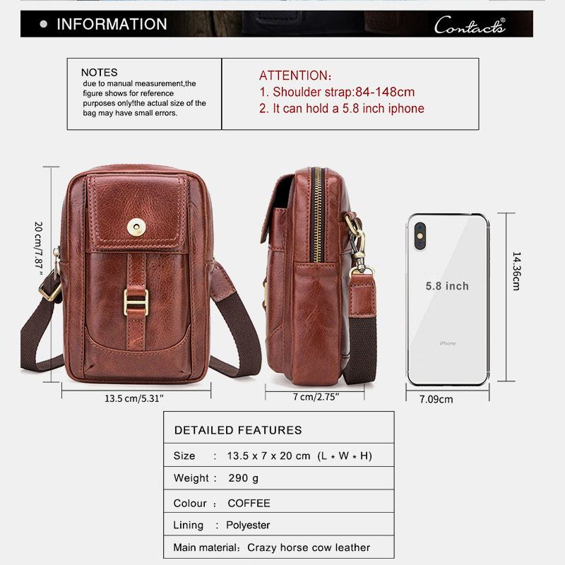 Menn Ekte Skinn Retro Mote 5.8 Tommers Telefonveske Multi-carry Crossbody Veske Midjeveske